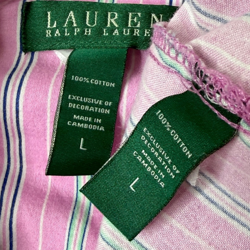 Lauren Ralph Lauren PJ Set Womens L Pink Stripe Cotton Monogram Preppy Classic - Picture 3 of 13
